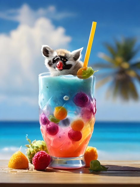 a cartoon cat is sticking its tongue out in a glass of water with fruit and a straw