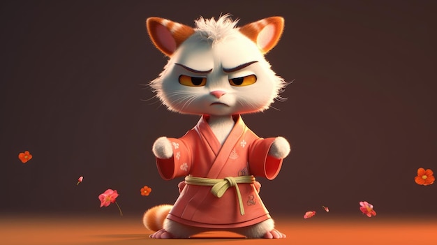 A cartoon cat in a kimono with a yellow eye and a red bow.