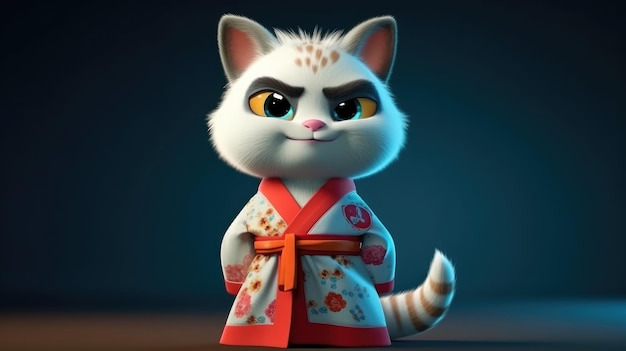 A cartoon cat in a kimono with a yellow eye.