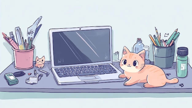 Photo a cartoon of a cat and a laptop with a bottle of water behind it