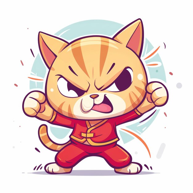 A cartoon cat in a red karate uniform with clenched fists and a determined expression stands in a fighting pose against a light blue background