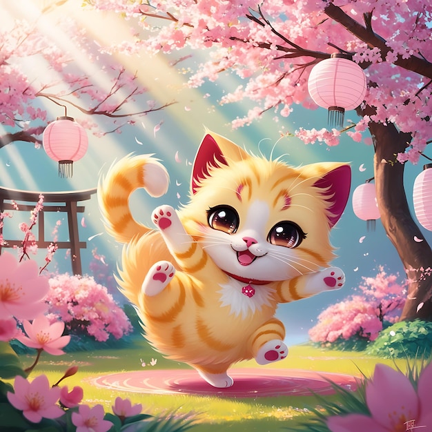 a cartoon cat runs across a pink cherry blossom tree