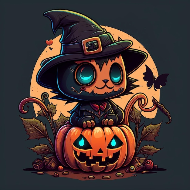 A cartoon cat sits on a pumpkin with a black hat.