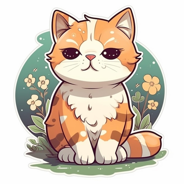 Cartoon cat sitting in the grass with flowers and leaves generative ai