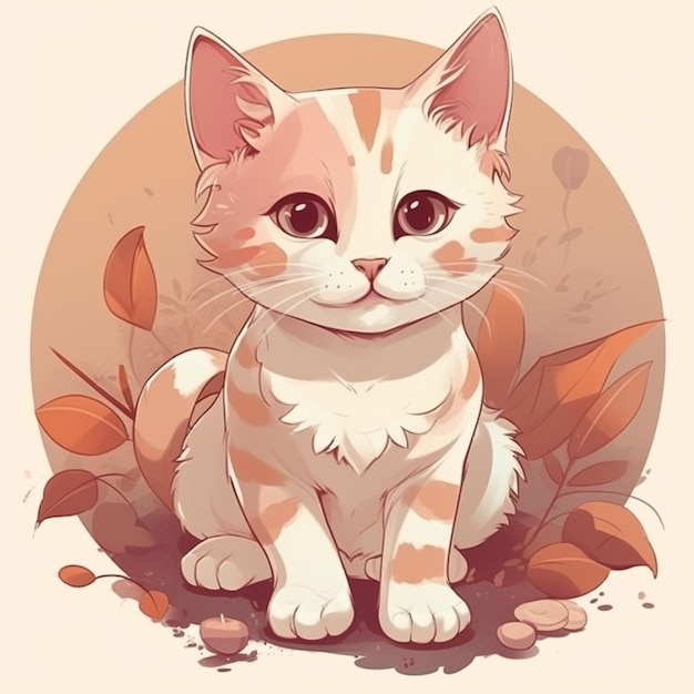 Cartoon cat sitting in the grass with leaves around it generative ai