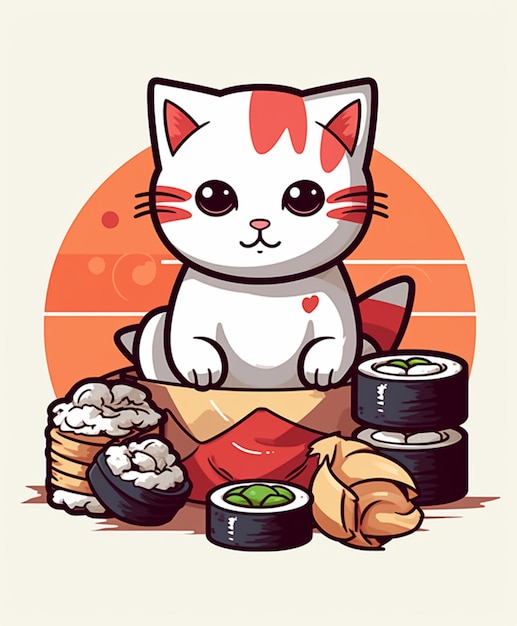 Cartoon cat sitting on a table with sushi and rolls generative ai