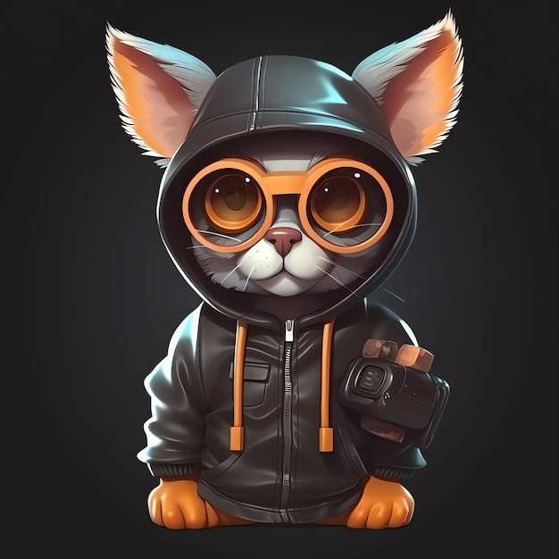 A cartoon cat wearing a black hoodie with orange glasses.