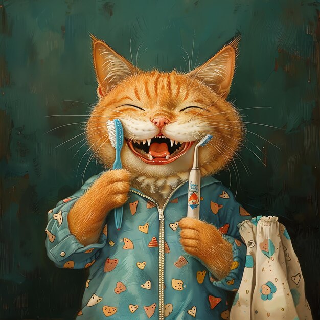 Photo a cartoon cat wearing a blue pajamas holds a toothbrush