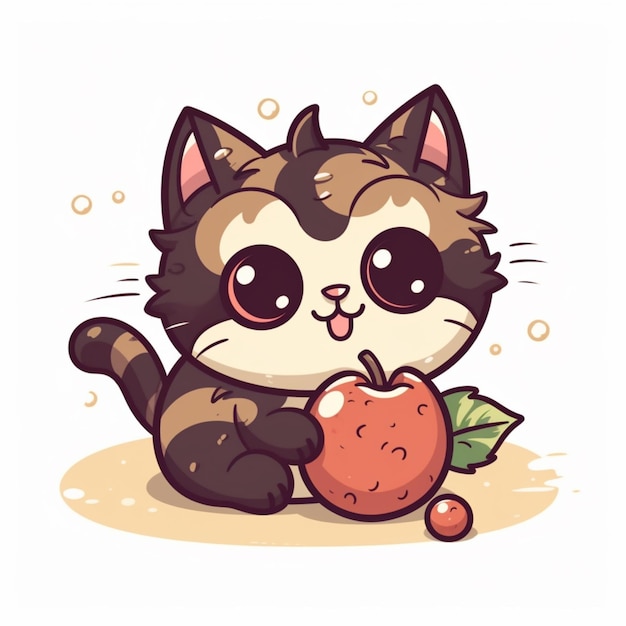 cartoon cat with apple and leaf sitting on the ground generative ai