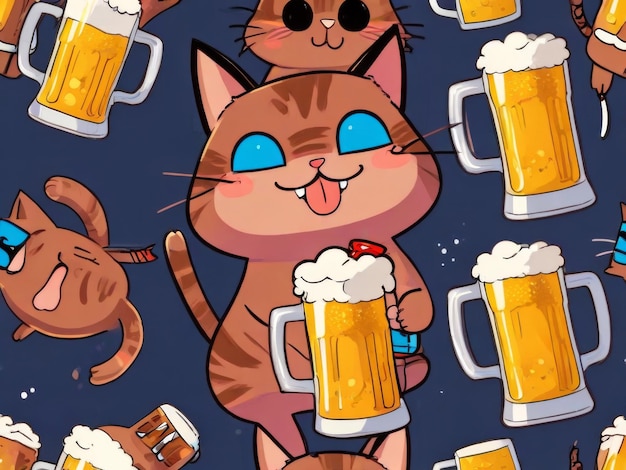 a cartoon cat with a beer in his mouth and a mug of beer in front of him