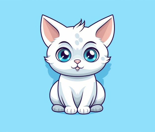 A cartoon cat with big blue eyes sits on a blue background.