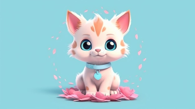 A cartoon cat with a blue collar sits on a flower.