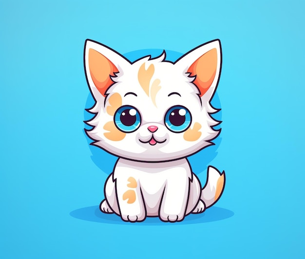 A cartoon cat with blue eyes sits on a blue background.