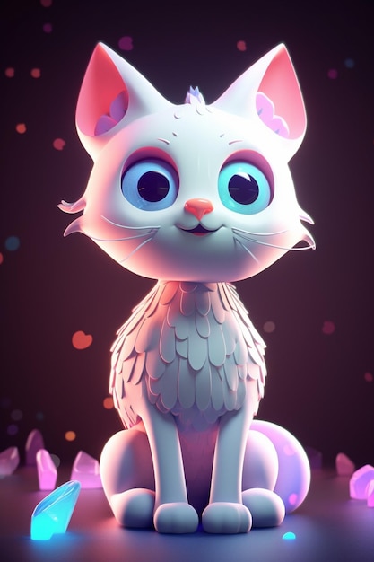 A cartoon cat with blue eyes sits on a purple background.