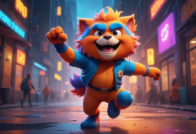 a cartoon cat with a blue jacket and a neon sign that says cat