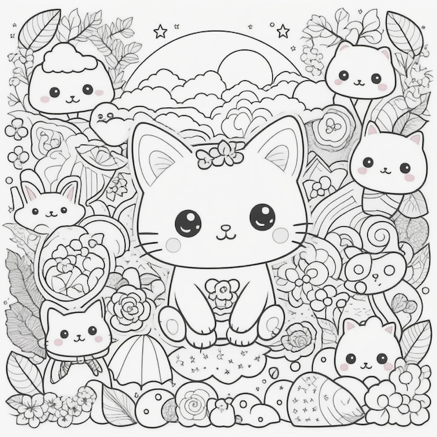 Photo a cartoon cat with a bow on its head sits in a circle of flowers