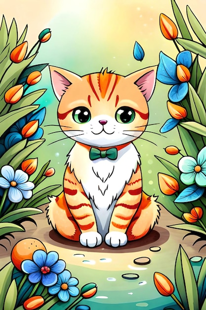 A cartoon cat with a bow tie sits in a garden surrounded by flowers.