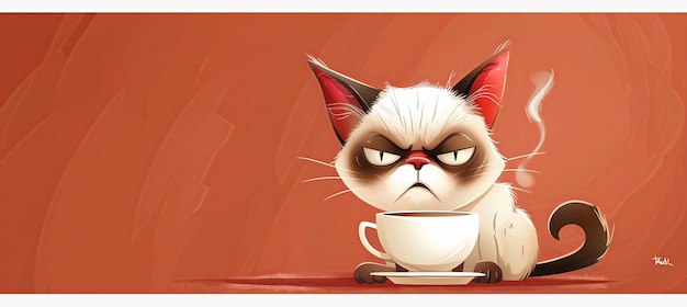 a cartoon cat with a cup of coffee and a red background