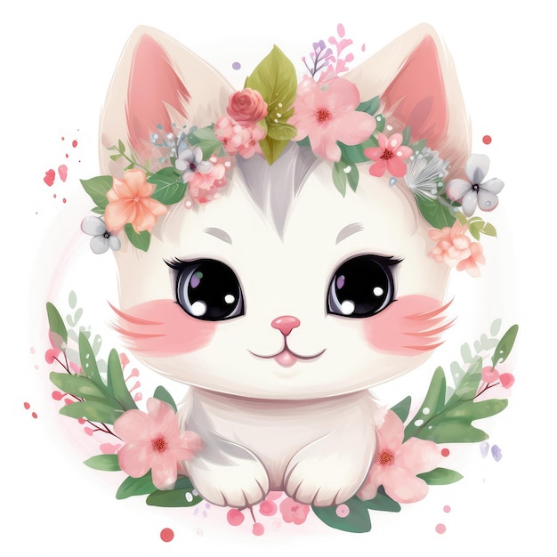 A cartoon cat with a flower crown on his head.