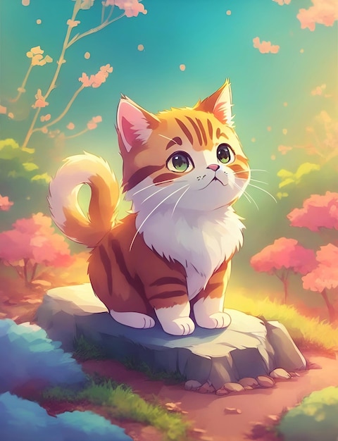 A cartoon cat with green eyes sits on a rock in a field with a sunlit landscape.