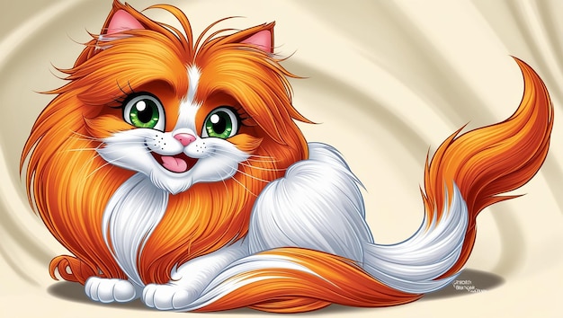 Photo a cartoon cat with green eyes and a white fluffy tail