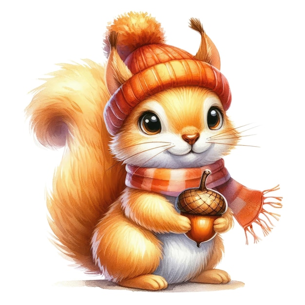 a cartoon cat with a hat and a sweater that says squirrel on it