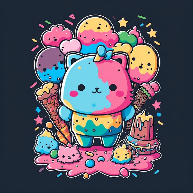 A cartoon cat with ice cream and a pink and blue cat.