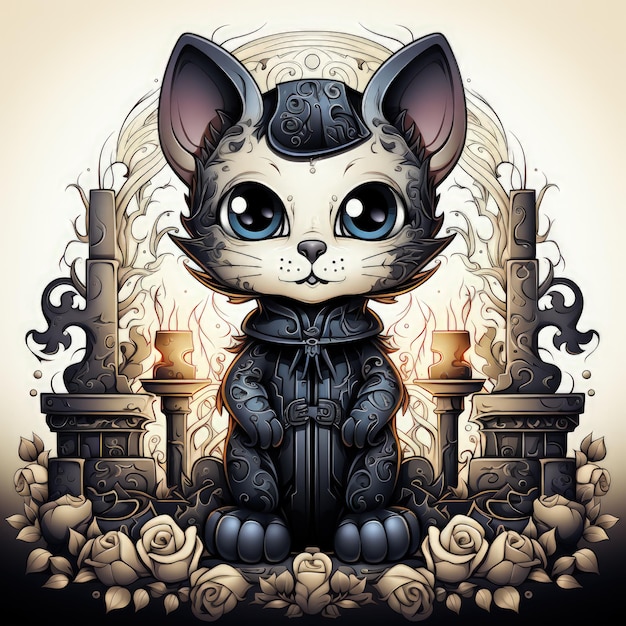 a cartoon cat with a jacket that says cat in front of a skull and skulls