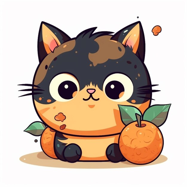 cartoon cat with oranges and leaves sitting on the ground generative ai