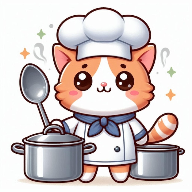 a cartoon cat with a pan of food and a spoon