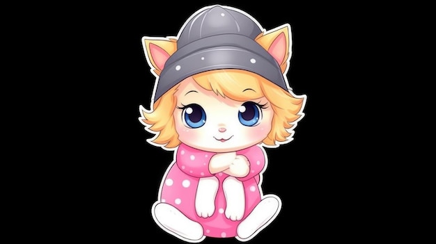 A cartoon of a cat with a pink blanket and a pink hat.