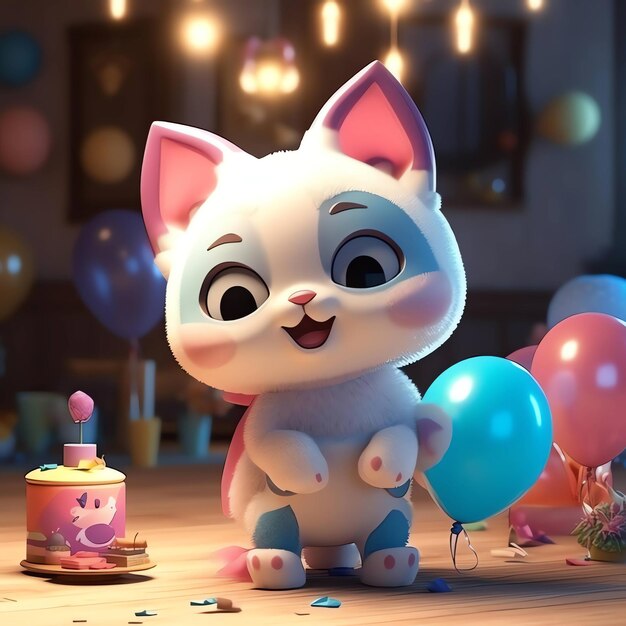 A cartoon cat with a pink bow sits on a table next to a cake with a pink bow.