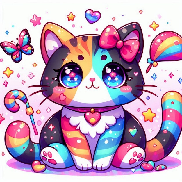 a cartoon cat with a rainbow and butterfly on it