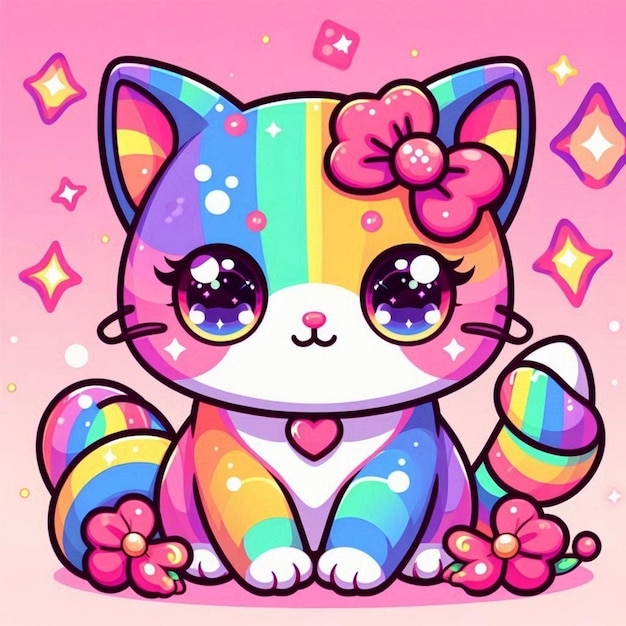 a cartoon cat with rainbow ears and rainbow ears sits on a pink background