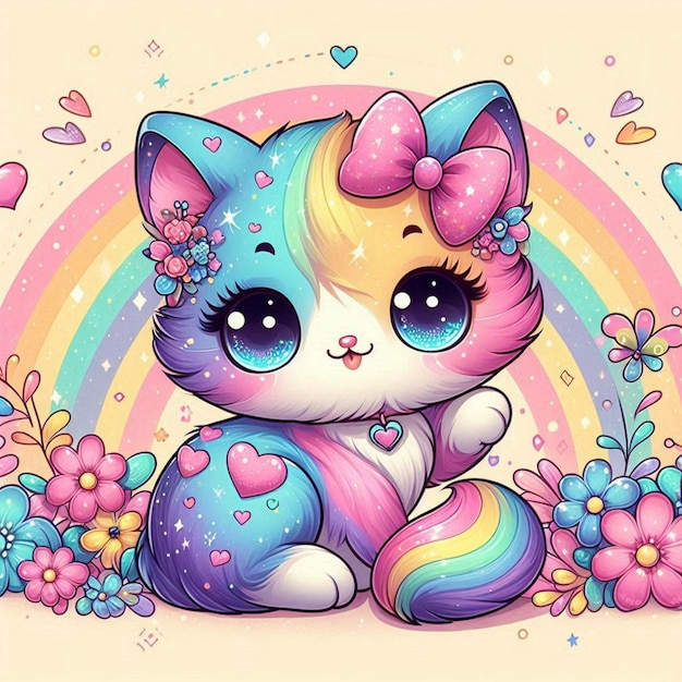 a cartoon cat with rainbow and hearts on it