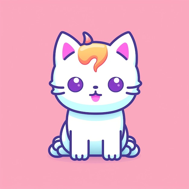 A cartoon cat with a rainbow horn on its head sits on a pink background.