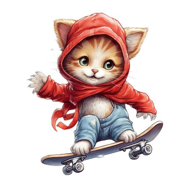 A cartoon cat with a red hoodie skateboarding on a white background.