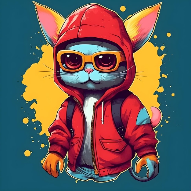 A cartoon cat with a red jacket and yellow glasses.