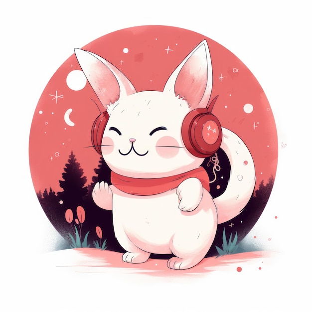 A cartoon cat with a red scarf and a red scarf is listening to music on his headphones.