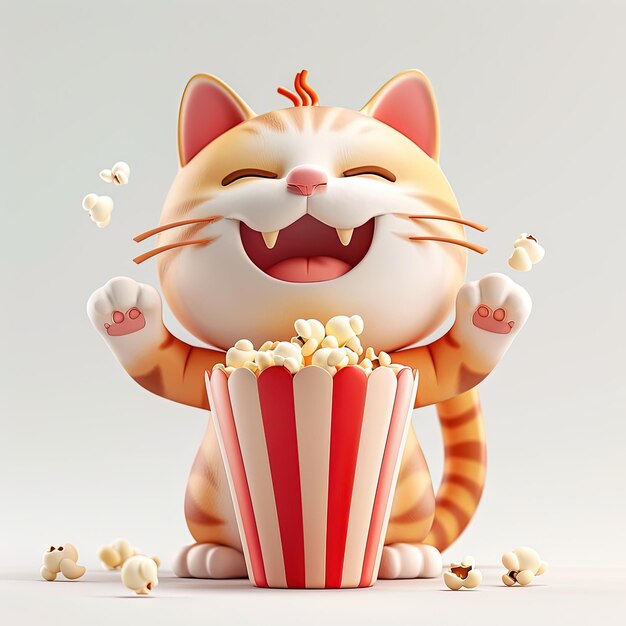 Photo a cartoon cat with a striped paw in the air and a box of popcorn