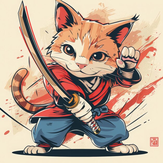 Photo a cartoon of a cat with a sword in his hand