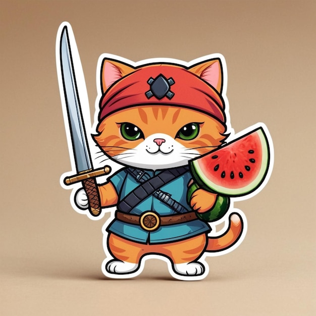 Photo a cartoon cat with a sword and a watermelon on it