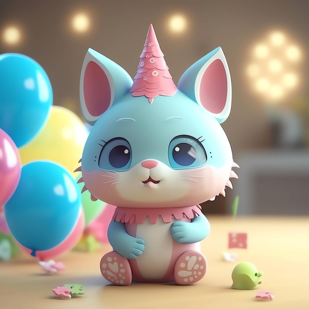 A cartoon cat with a unicorn hat sits on a table with balloons in the background.