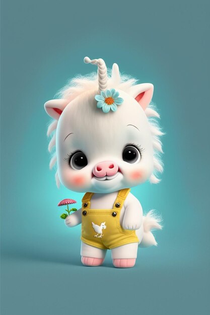 Cartoon cat with a unicorn horn and a flower in its hair generative ai