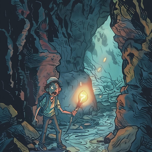 Photo a cartoon of a cave with a man holding a torch and a fire in it