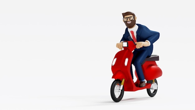 Cartoon character beard businessman riding scooter 3D rendering