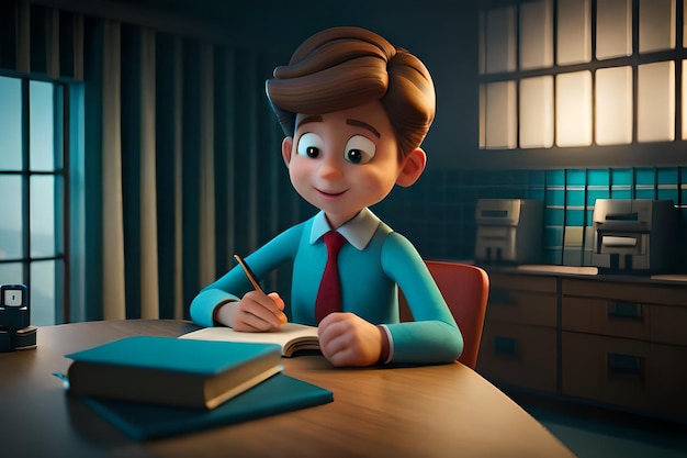 A cartoon character of a boy sitting at a desk in front of a window and writing in a book