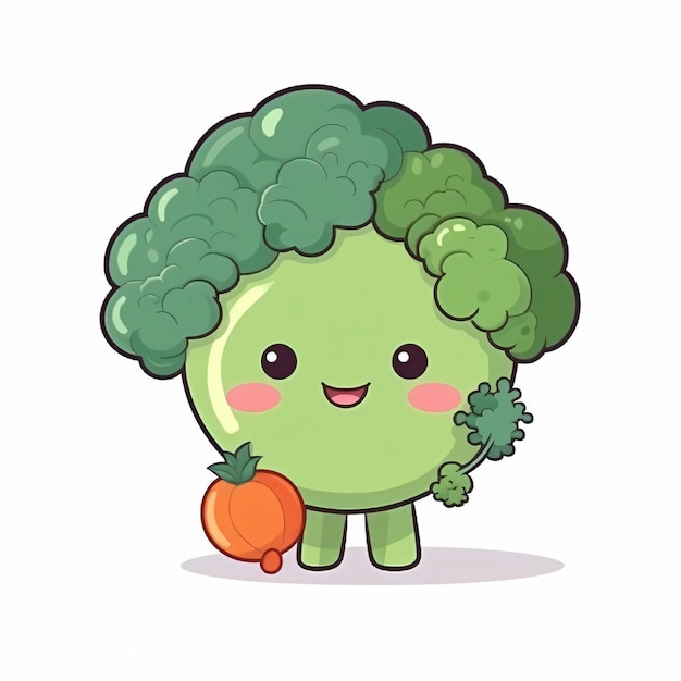 Cartoon character of a broccoli holding a carrot.