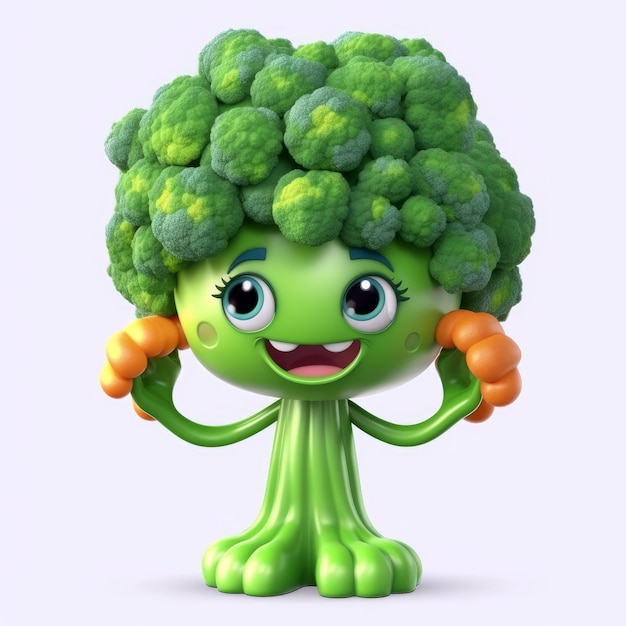 A cartoon character of a broccoli with a face on its head.