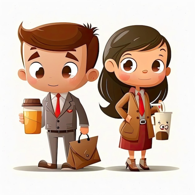 Cartoon character of business man with business woman holding bag and coffee cup on white background Made by AIArtificial intelligence